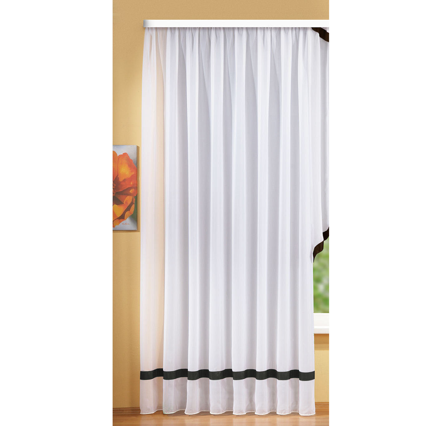 Langstore Gardine mit Kräuselband und Borte aus mattem Microsatin Micofaser-Gewebe. 20424