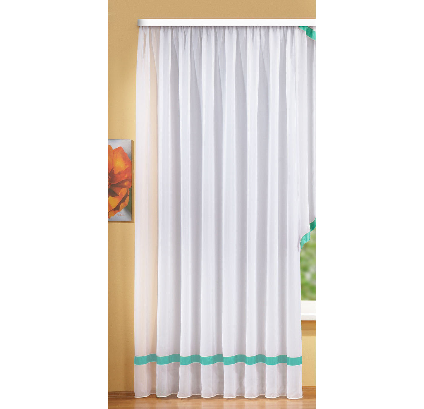 Langstore Gardine mit Kräuselband und Borte aus mattem Microsatin Micofaser-Gewebe. 20424