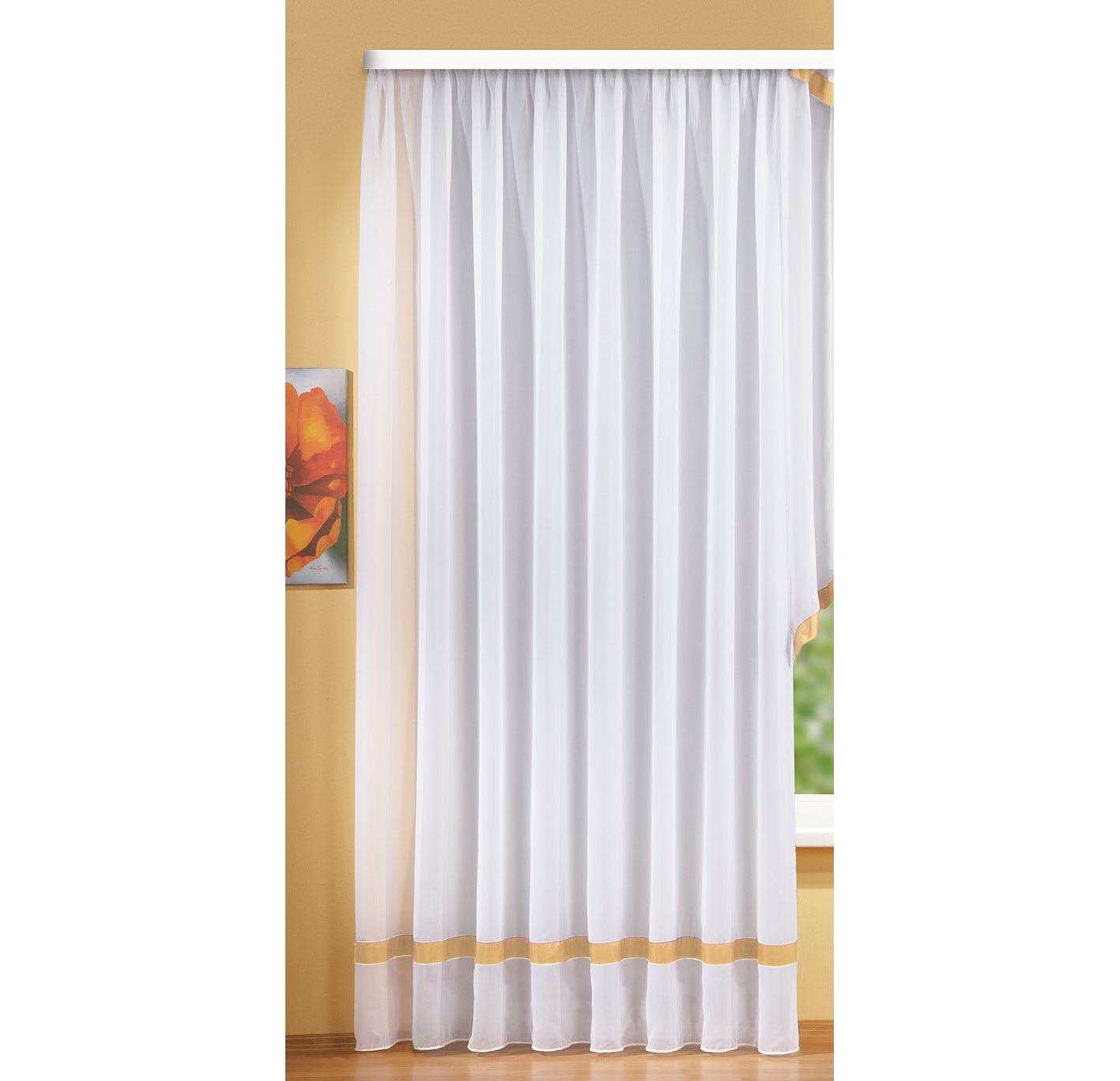 Langstore Gardine mit Kräuselband und Borte aus mattem Microsatin Micofaser-Gewebe. 20424