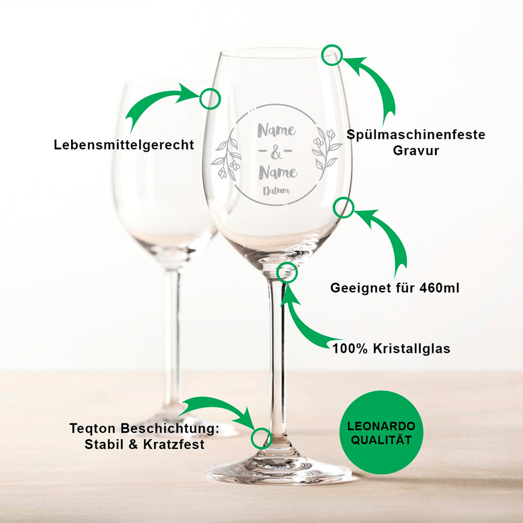 Leonardo Weingläser mit Gravur "Green Flower Branch" Design im Set inkl. bedruckter Holzkiste