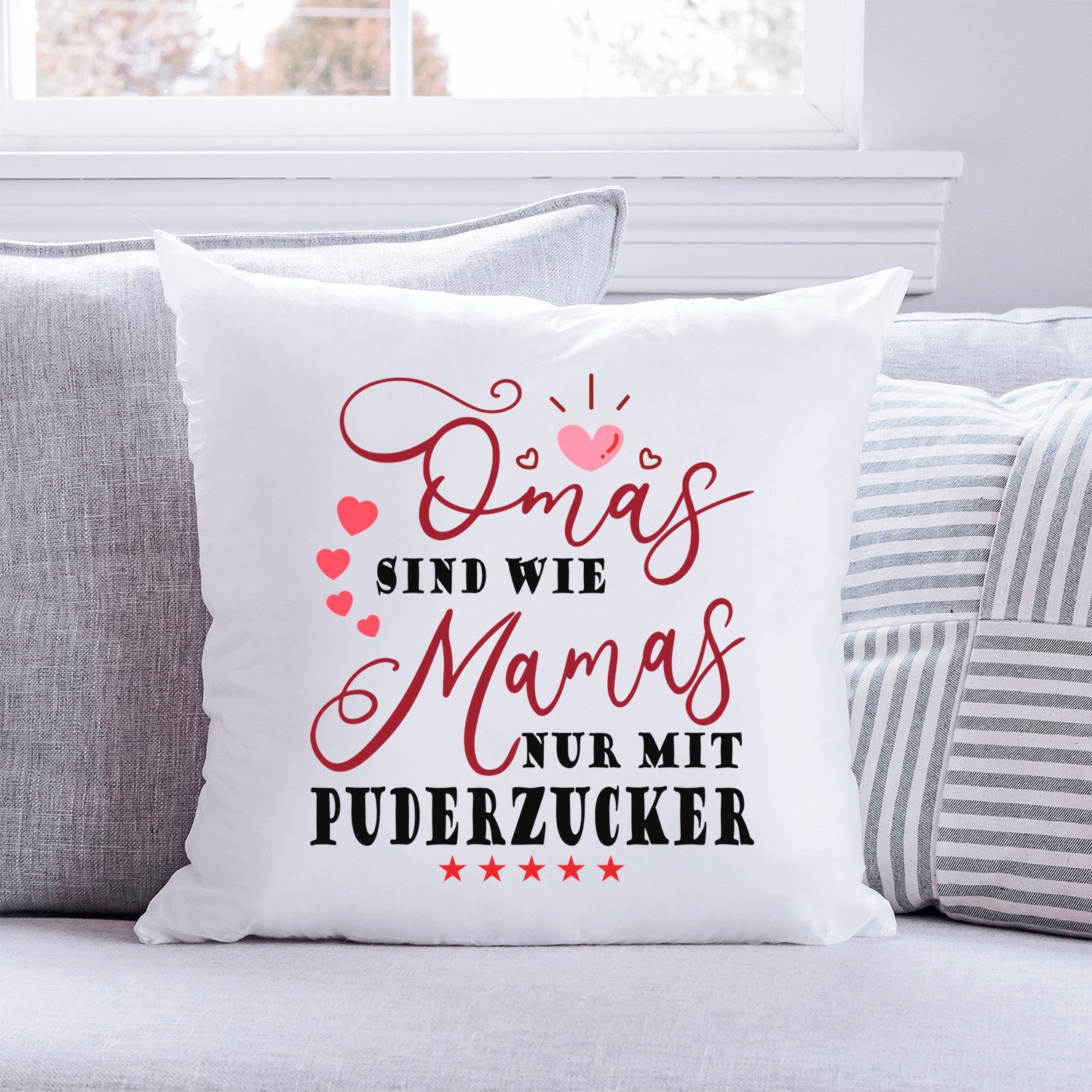 Bedrucktes Kissen mit Spruch Omas sind wie Mamas nur mit Puderzucker