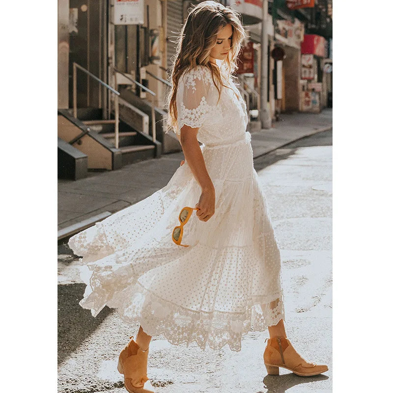 Boho style girl dress white cotton lace sleeveless long summer