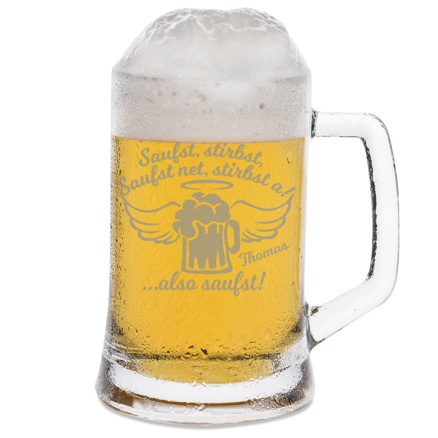Montana Bierkrug mit Gravur "Saufst, stirbst, saufst net, stirbst a" mit Namen