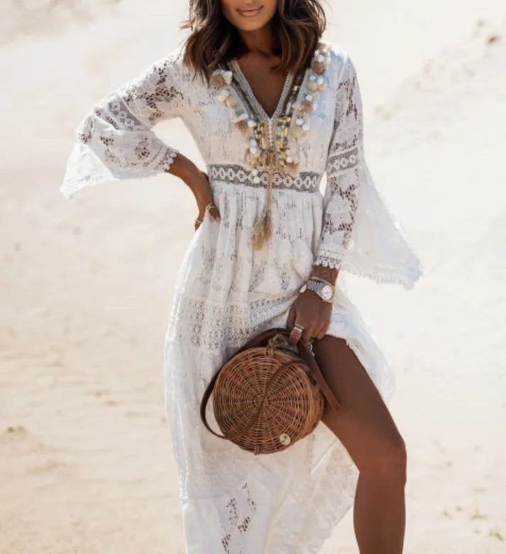 Boho style girl dress white cotton lace sleeveless long summer