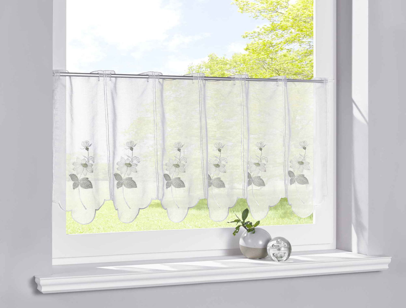 Scheibengardine Stickerei Transparent Stangenduchzug Schlaufen Bitrogardine Küchenfenster Sichtschutz 10000328