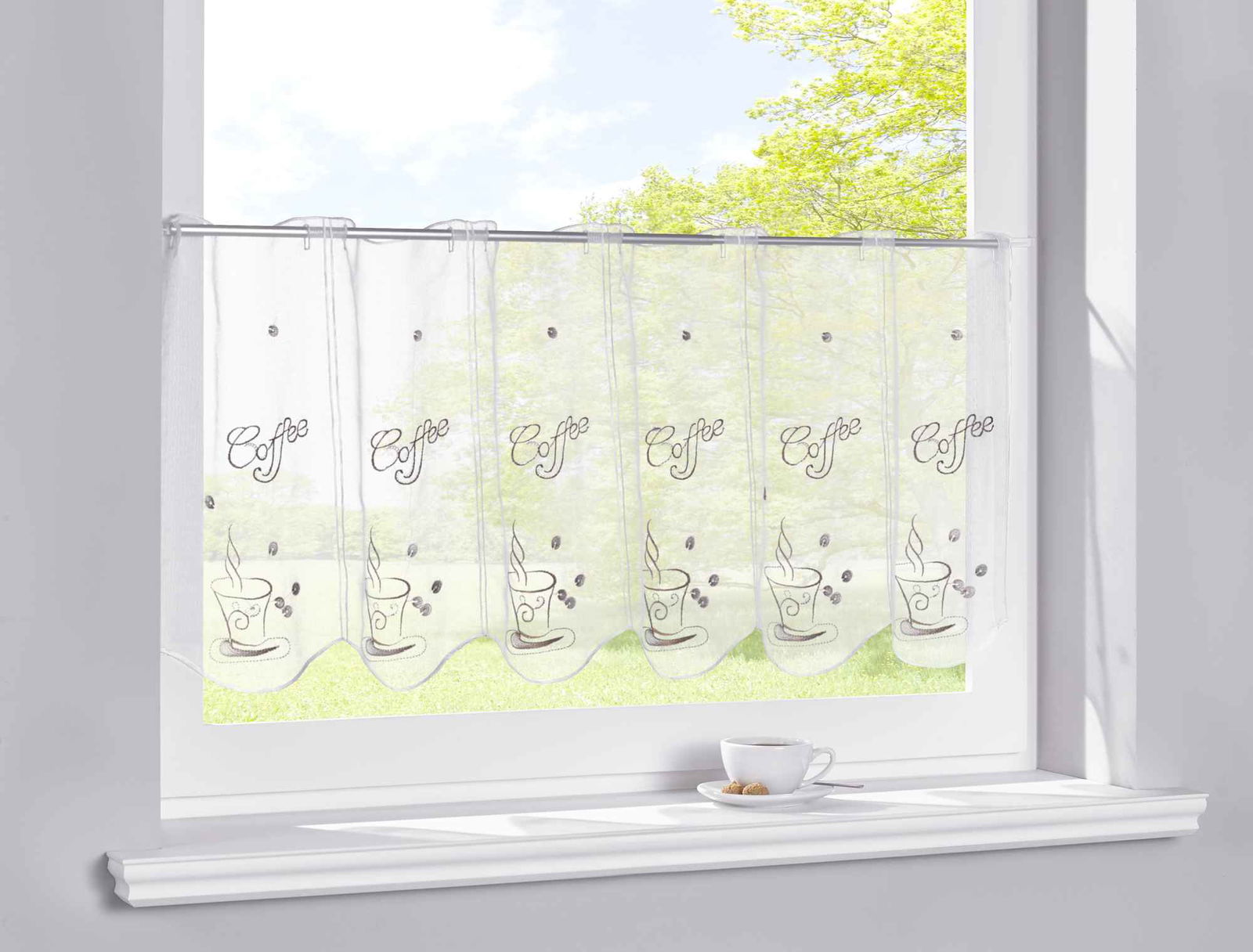 Scheibengardine Stickerei Transparent Stangenduchzug Schlaufen Bitrogardine Küchenfenster Sichtschutz 10000328