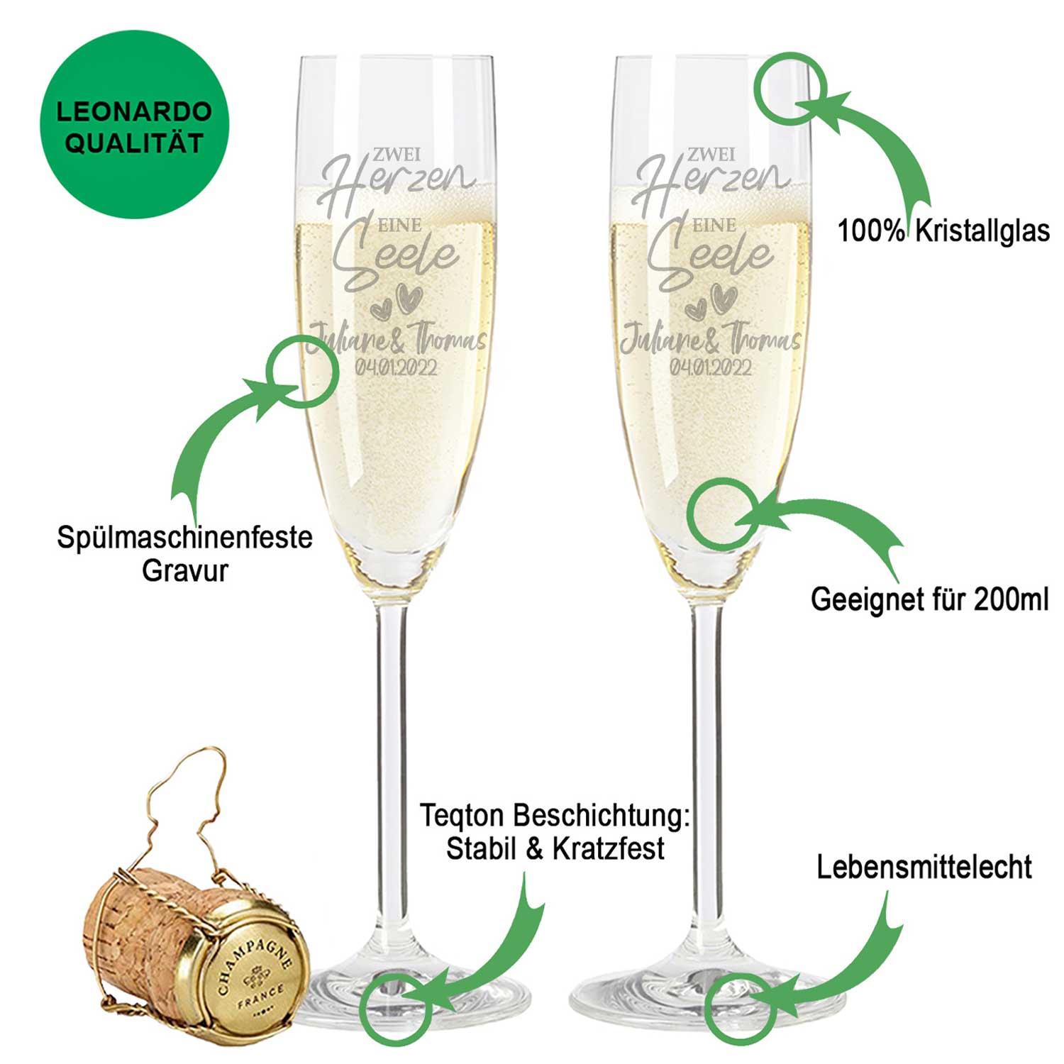 Leonardo Sektglas mit Gravur "Zwei Herzen, Eine Seele"