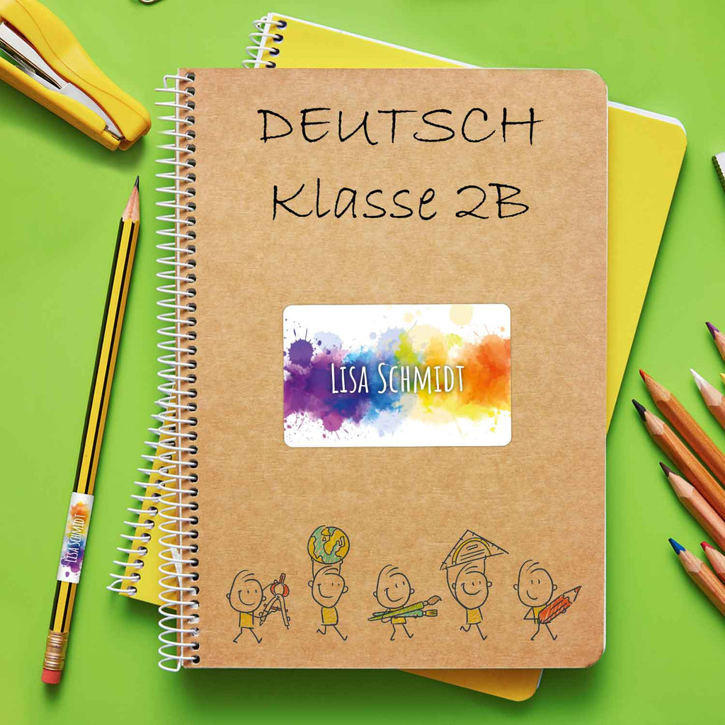 Schuletiketten mit Namen - Color Splash Design - 100 Aufkleber in verschiedenen Größen
