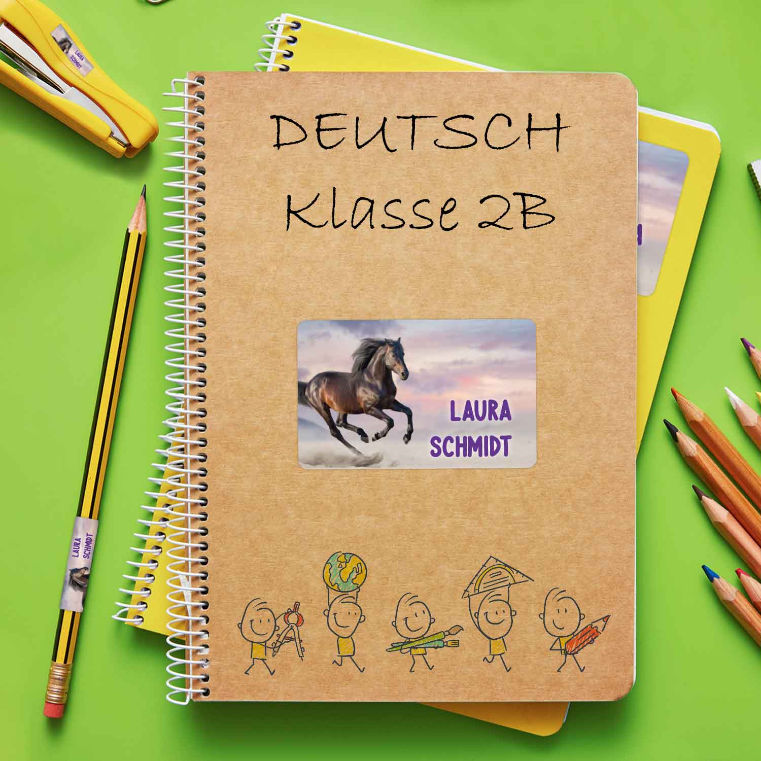 Schuletiketten mit Namen - Pferd Design - 100 Aufkleber in verschiedenen Größen