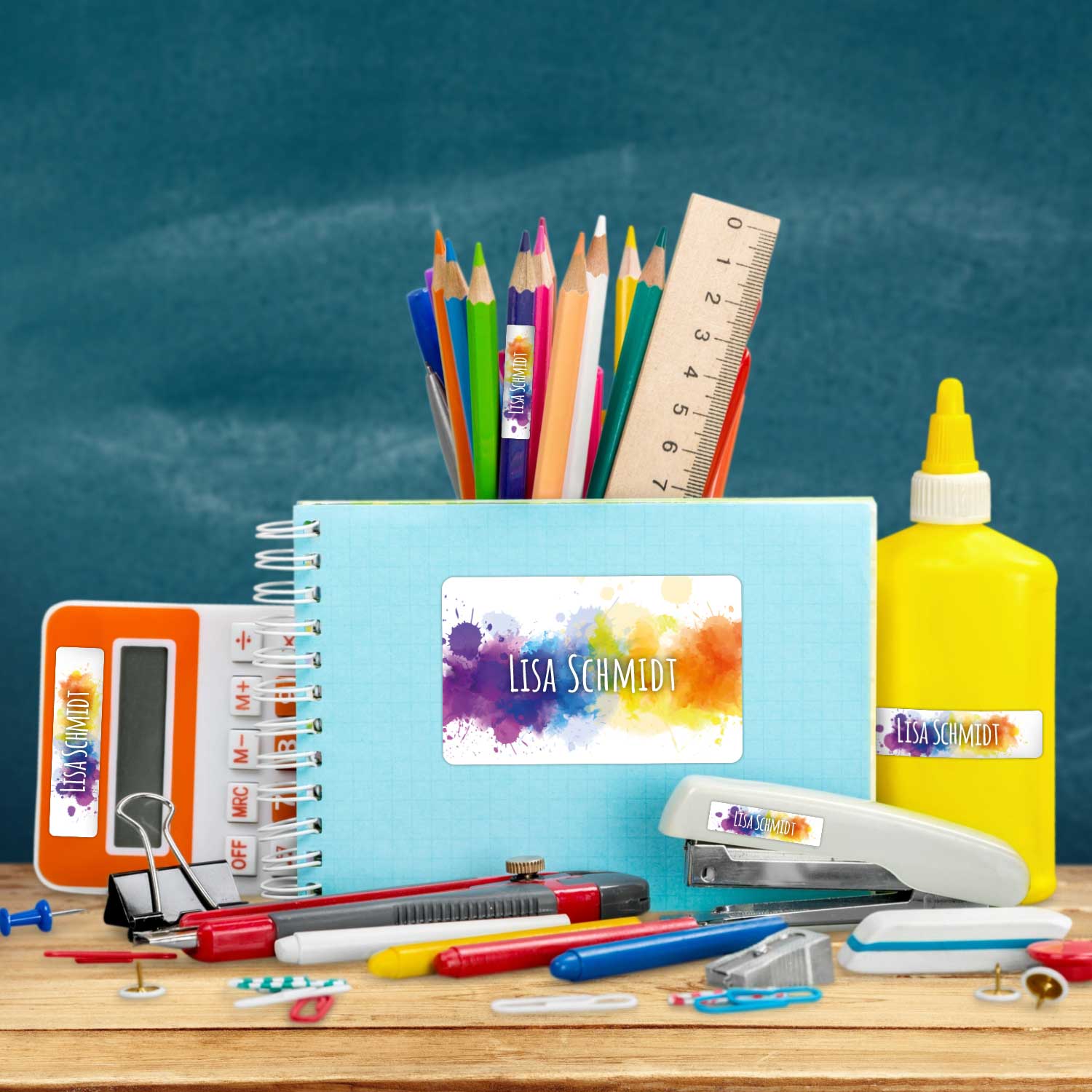 Schuletiketten mit Namen - Color Splash Design - 100 Aufkleber in verschiedenen Größen