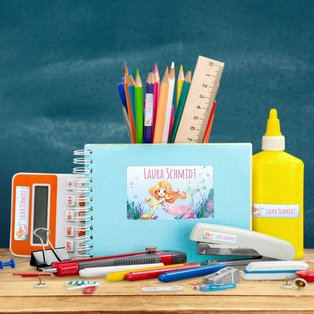 Schuletiketten mit Namen - Meerjungfrau V2 Design - 100 Aufkleber in verschiedenen Größen