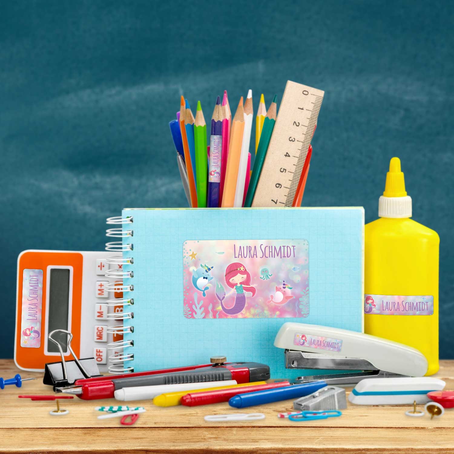 Schuletiketten mit Namen - Meerjungfrau Design - 100 Aufkleber in verschiedenen Größen