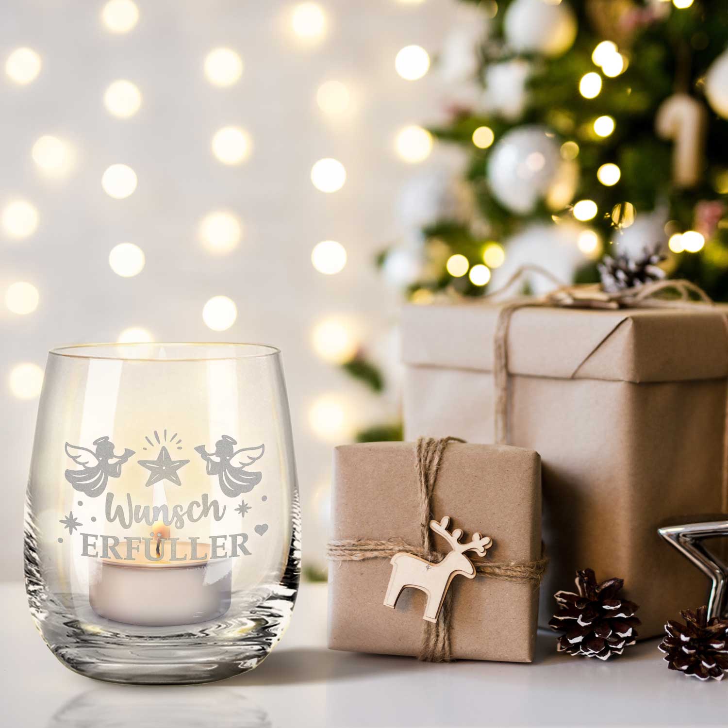 Teelicht mit Gravur - Weihnachtsdeko - Wunscherfüller Engel