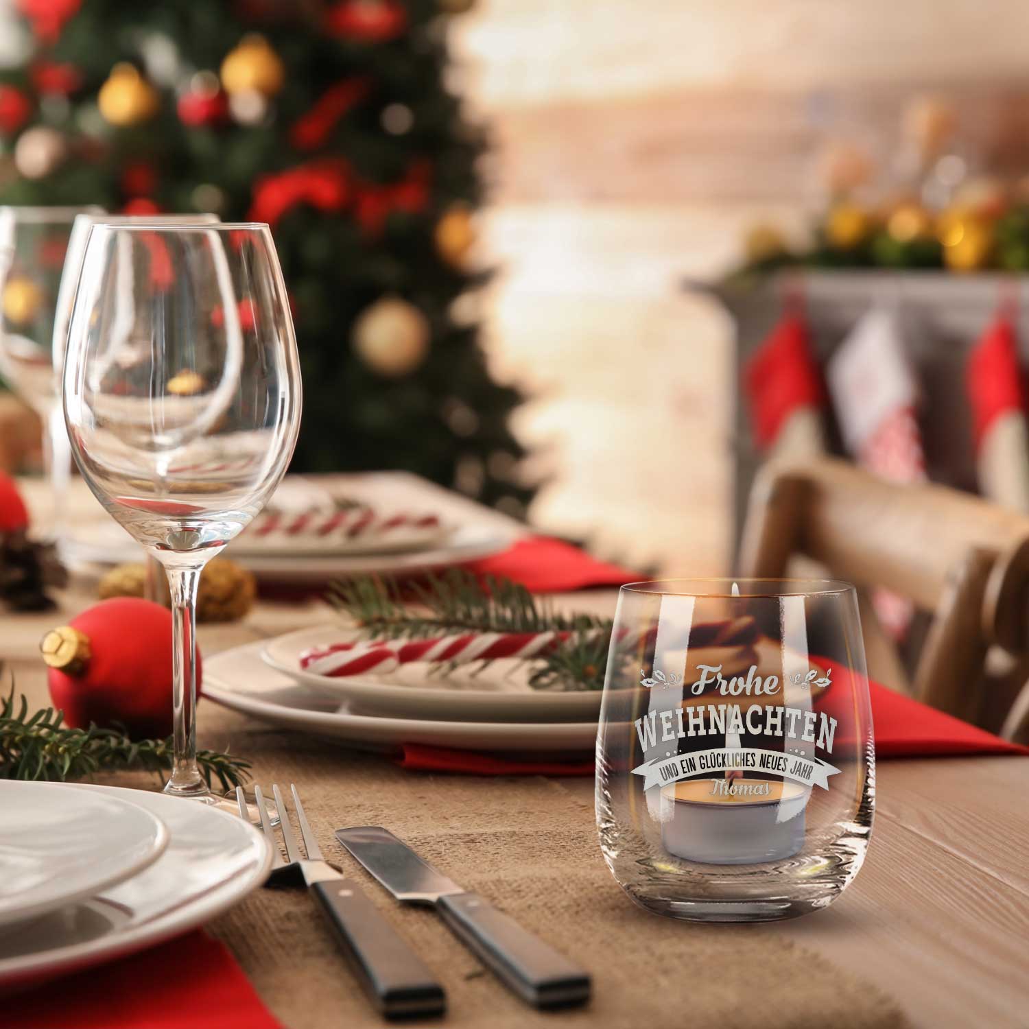 Teelicht mit Gravur - Frohe Weihnachten, Glückliches neues Jahr - Personalisiert mit Name