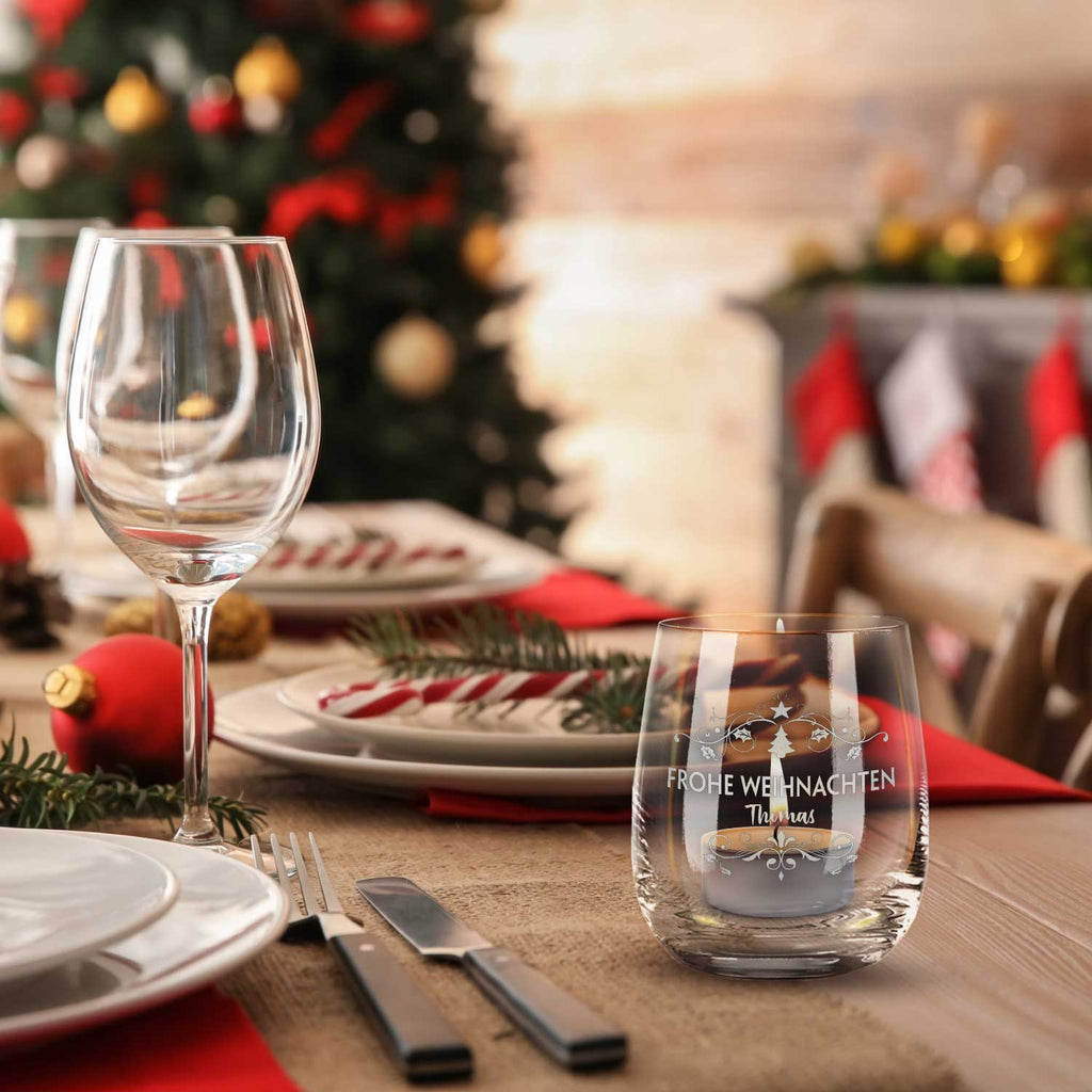 Teelicht mit Gravur - Weihnachtsdeko - Frohe Weihnachten Vintage - Personalisiert mit Name