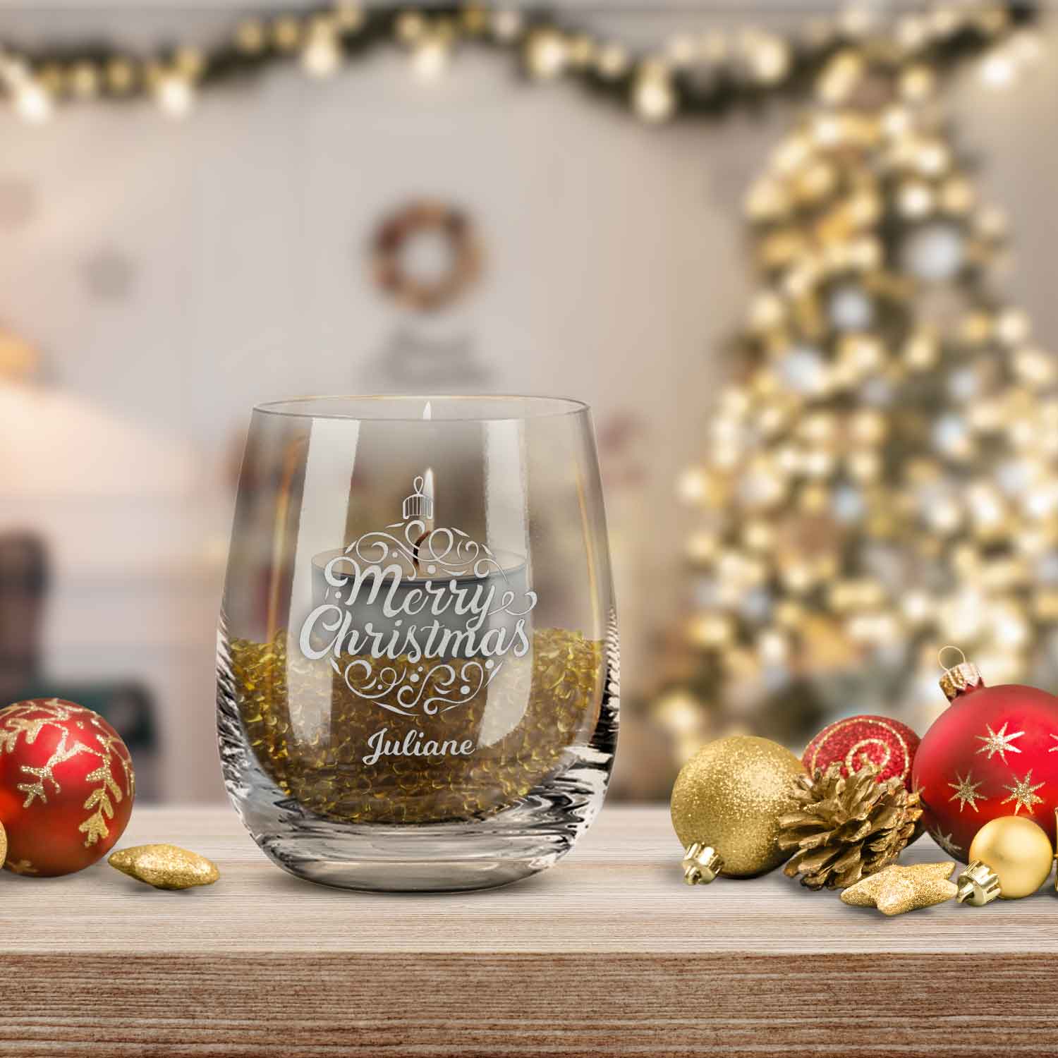 Teelicht mit Gravur - Weihnachtsdeko - Weihnachtskugel - Personalisiert mit Name