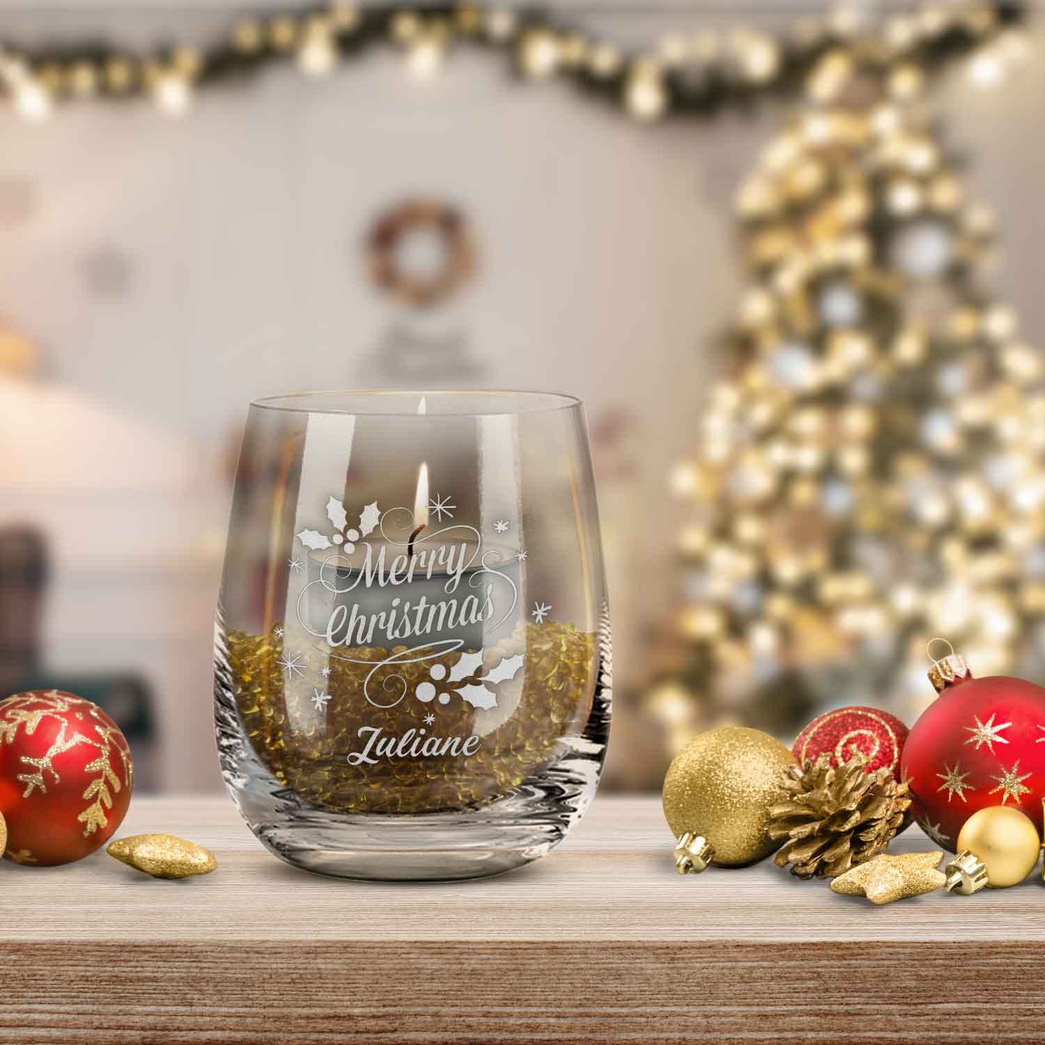 Teelicht mit Gravur - Weihnachtsdeko - Merry Christmas Swirls - Personalisiert mit Name