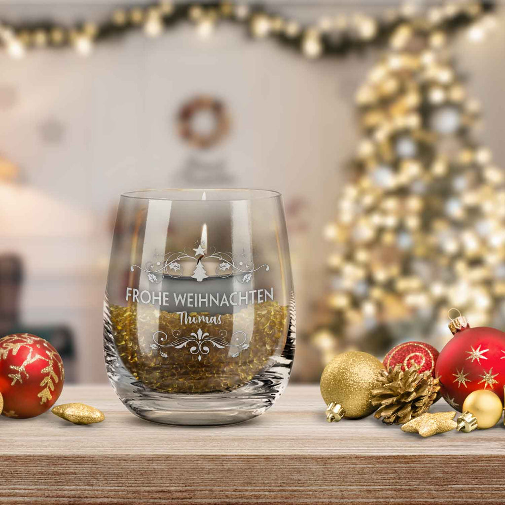 Teelicht mit Gravur - Weihnachtsdeko - Frohe Weihnachten Vintage - Personalisiert mit Name