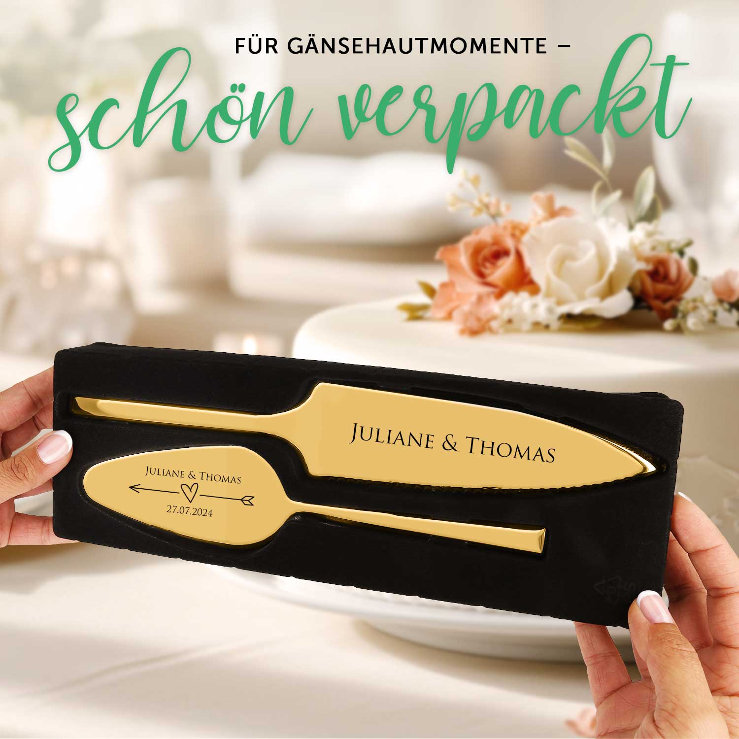 Tortenbesteck im Set - Herzen - Mit persönlicher Gravur als Geschenk zur Hochzeit