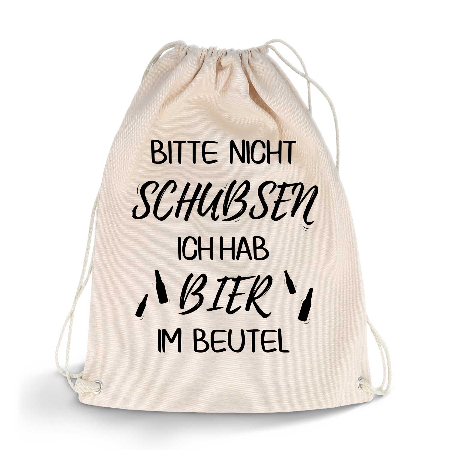 Bedruckter Turnbeutel mit Spruch Bier im Beutel
