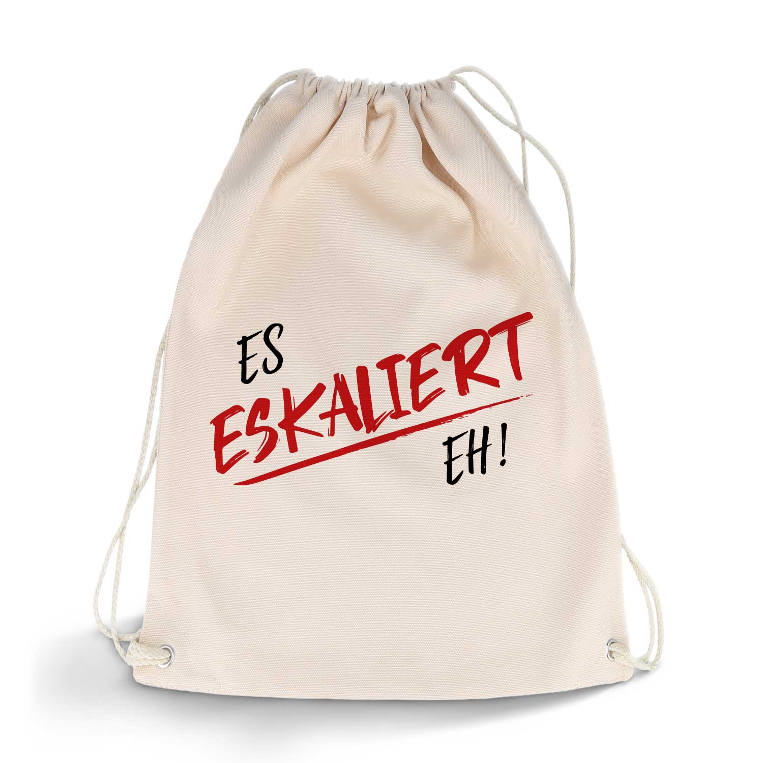 Bedruckter Turnbeutel mit Spruch Es eskaliert eh!