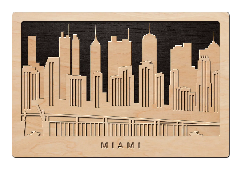 3D Wandbild aus Holz Skyline Miami 2017
