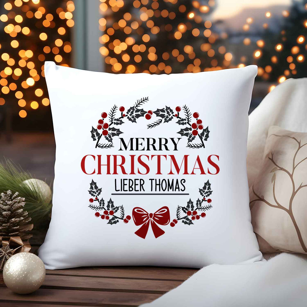 Kissen mit Weihnachtsmotiv und Name - Merry Christmas Kranz - Weihnachtsdeko - Für Frauen & Männer
