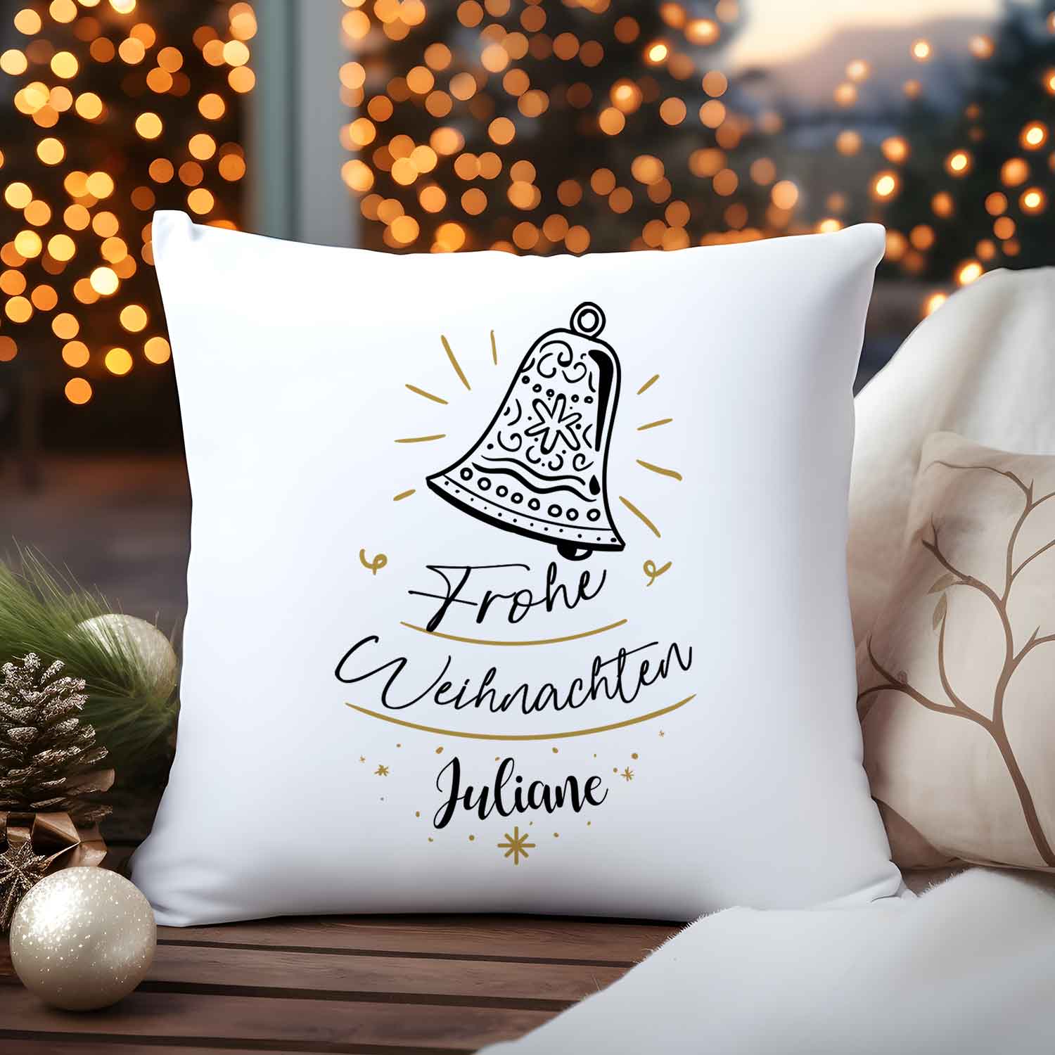 Kissen mit Weihnachtsmotiv und Namen - Weihnachtsglocke  - Weihnachtsdeko - Geschenk für Sie & Ihn
