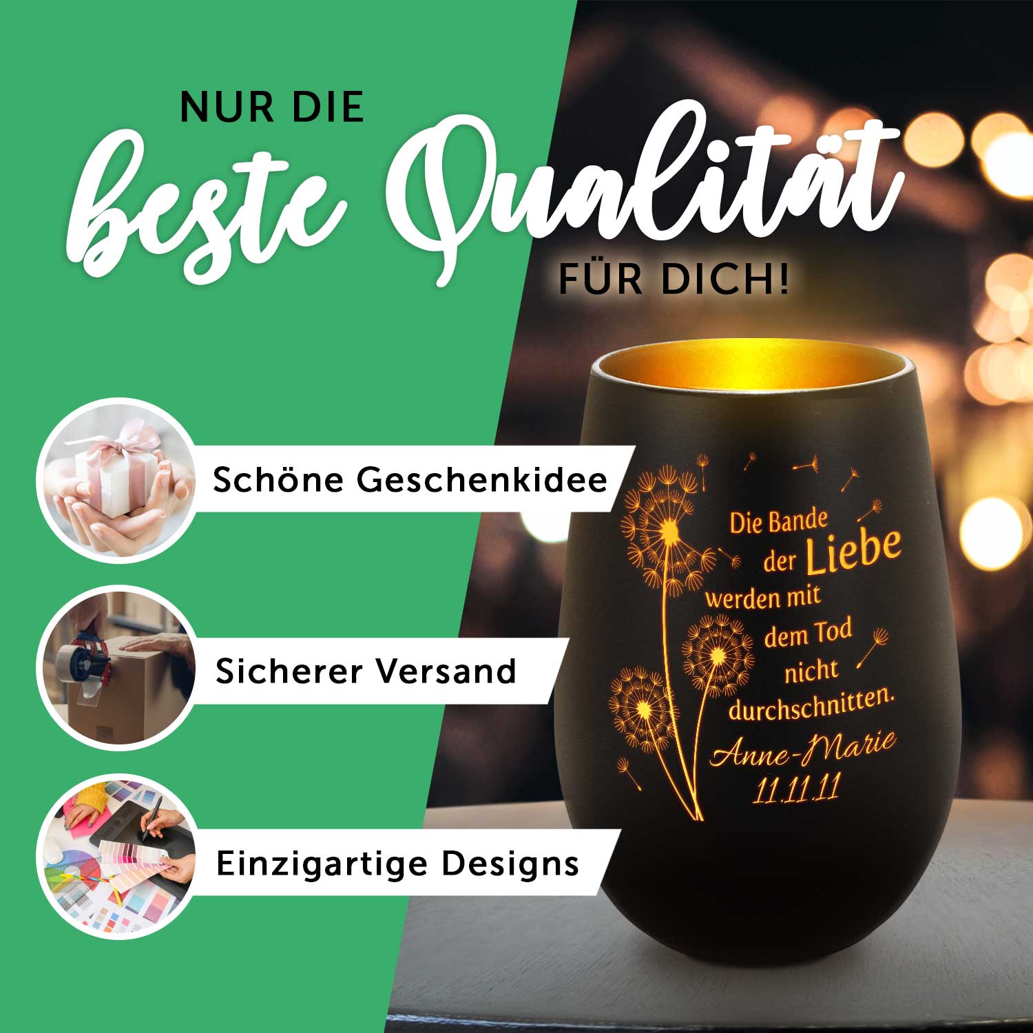 Deko Windlicht aus Glas mit Gravur - Glück ist einen Papa wie Dich zu haben - Personalisiert mit Nam