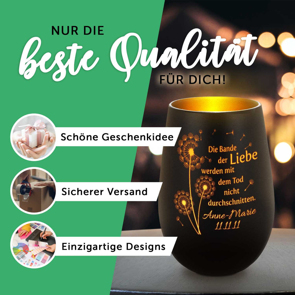 Deko Windlicht aus Glas mit Gravur - Schwanenherz - Personalisiert mit Namen & Datum