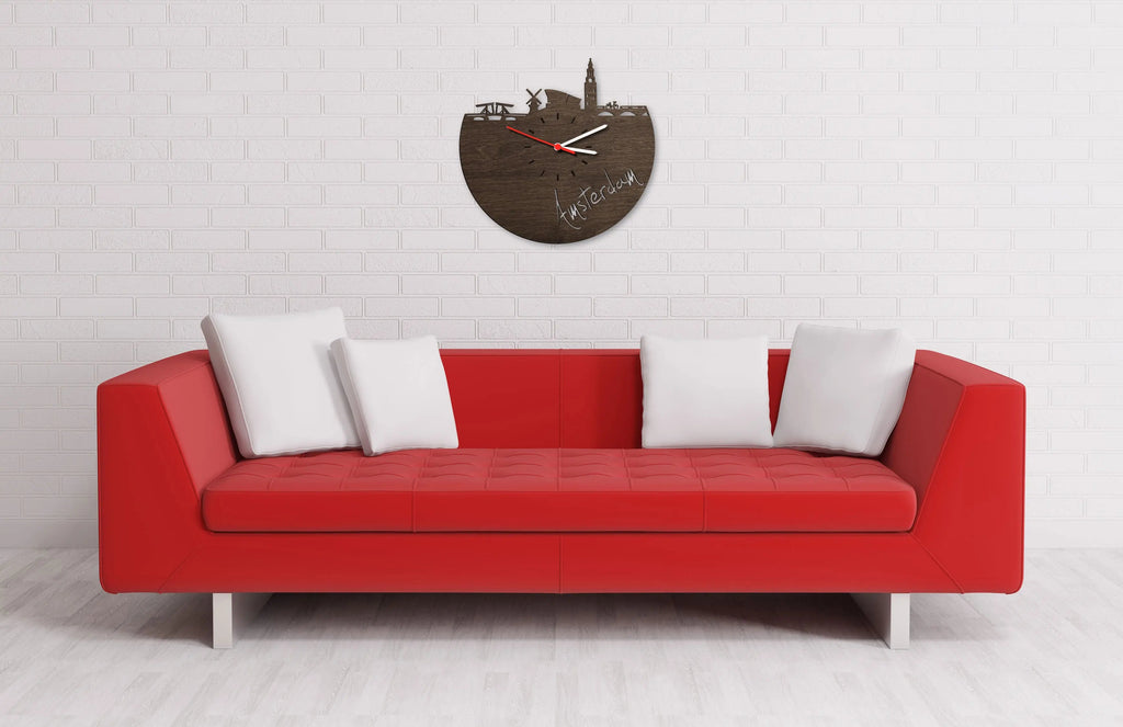 Wanduhr aus Holz Skyline Amsterdam
