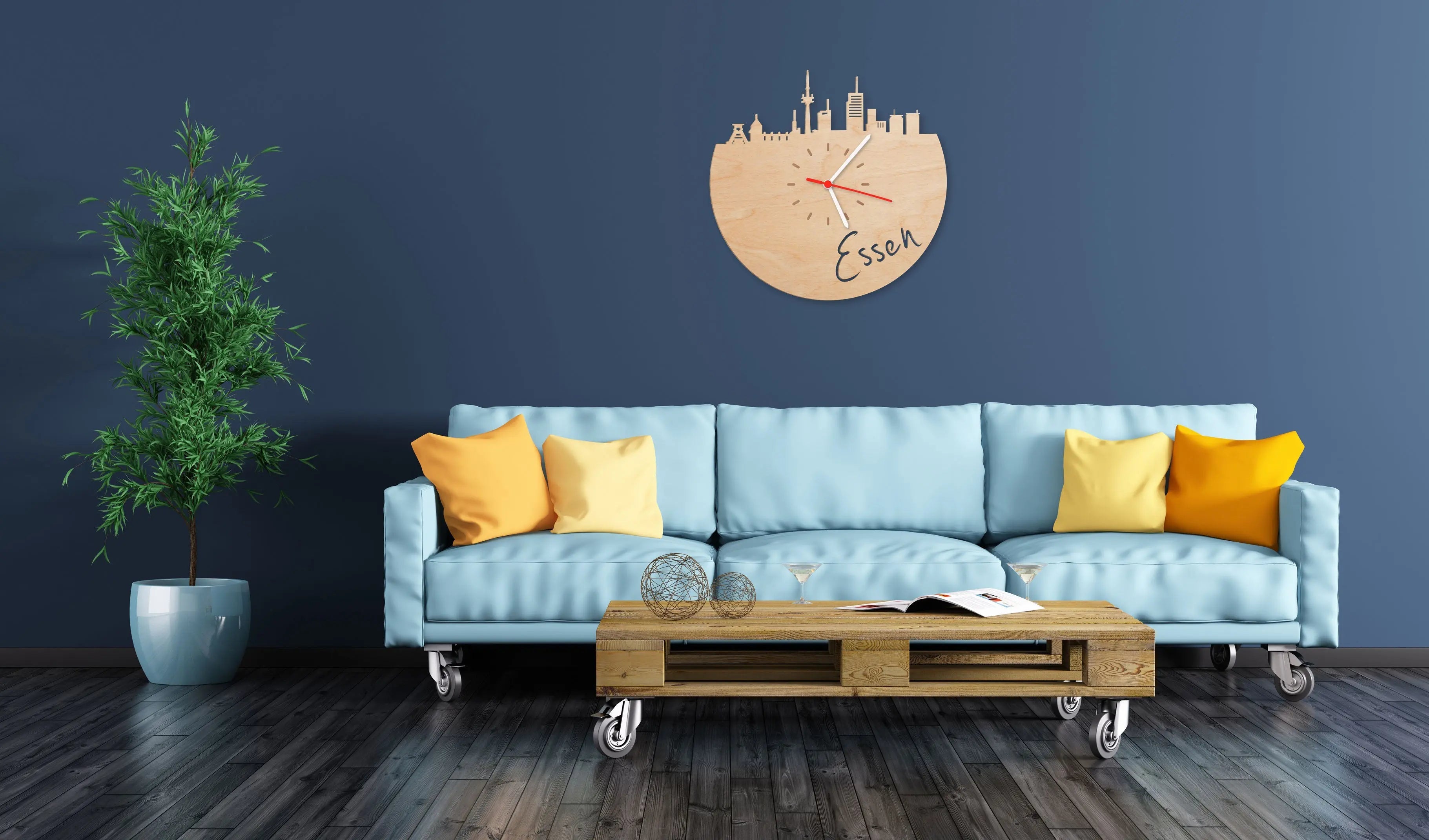 Wanduhr aus Holz Skyline Essen