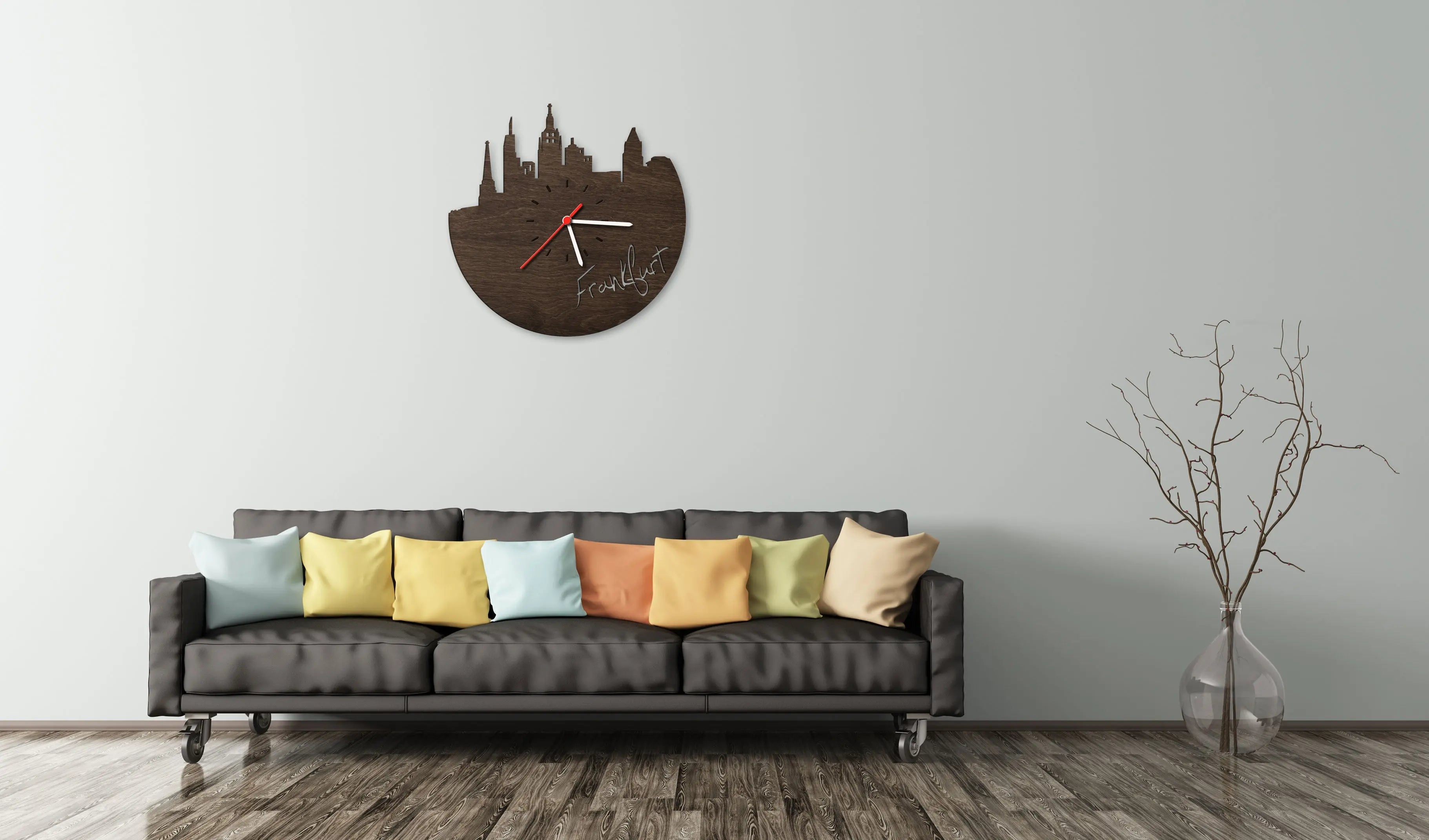 Wanduhr aus Holz Skyline Frankfurt