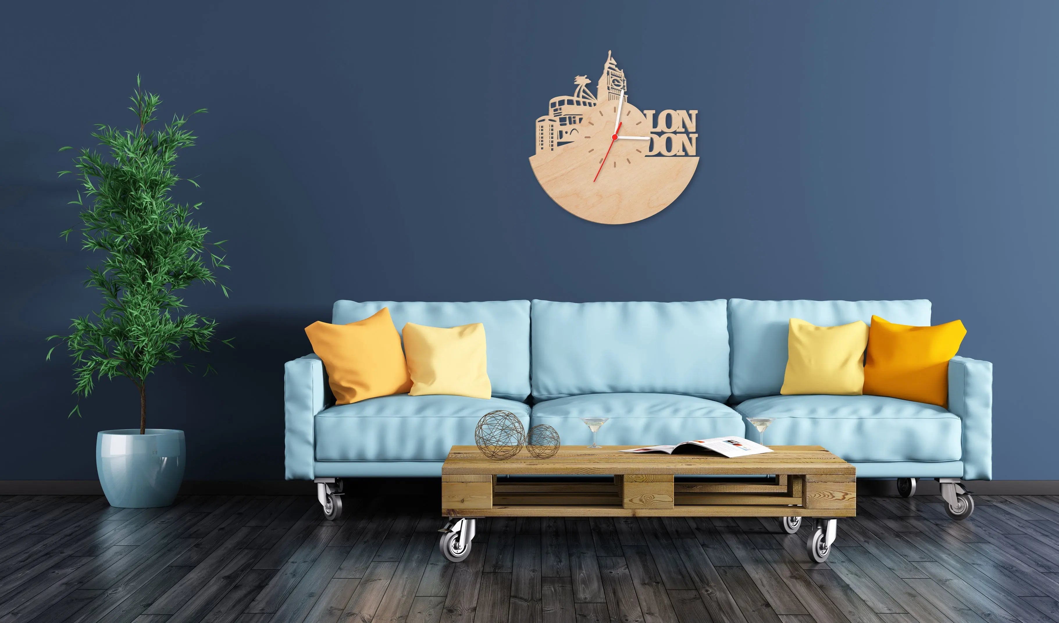Wanduhr aus Holz Skyline London 2016
