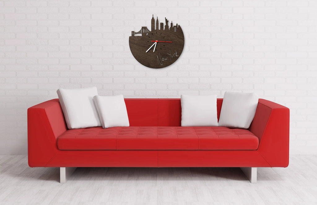 Wanduhr aus Holz Skyline New York