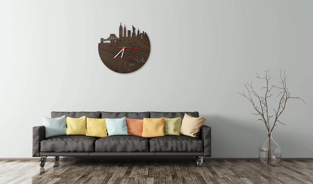 Wanduhr aus Holz Skyline New York