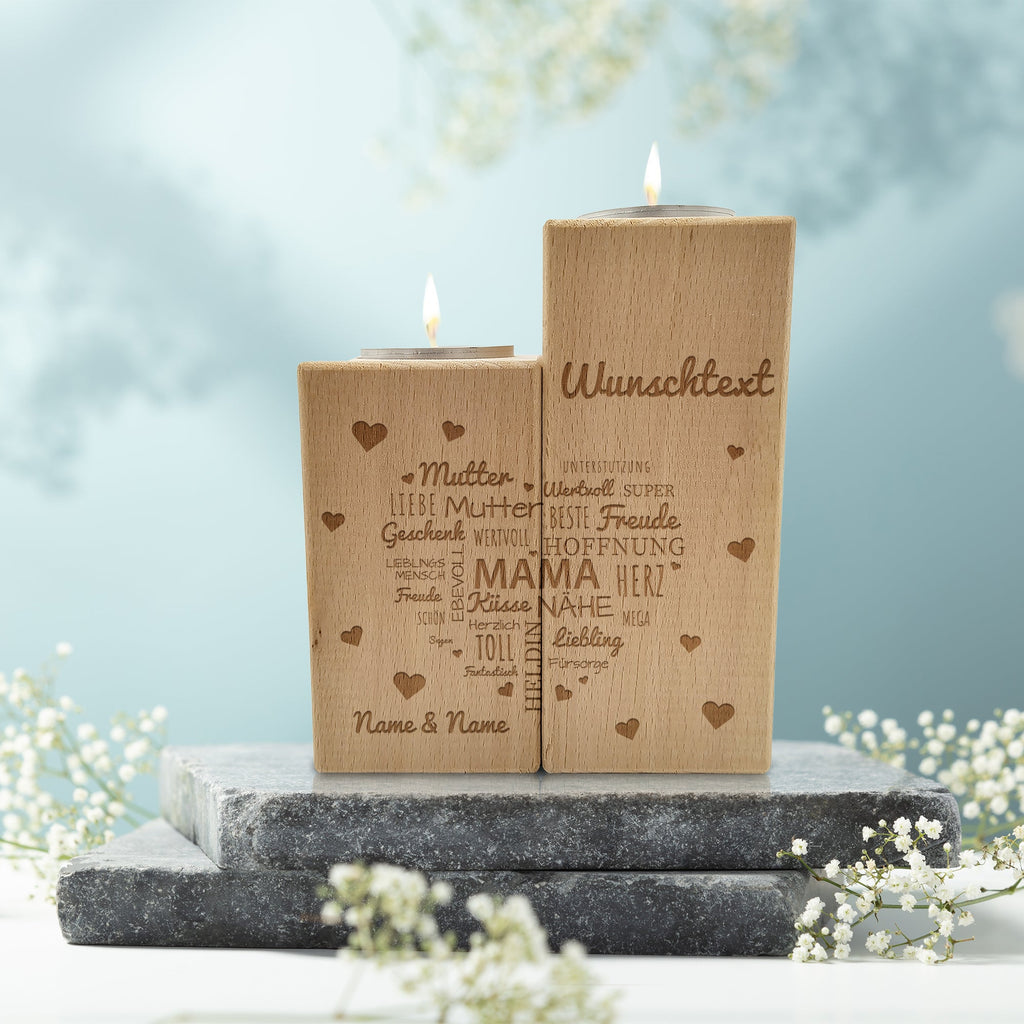 Gravierter Teelichthalter aus Holz im Set mit Namensherz Mama Design