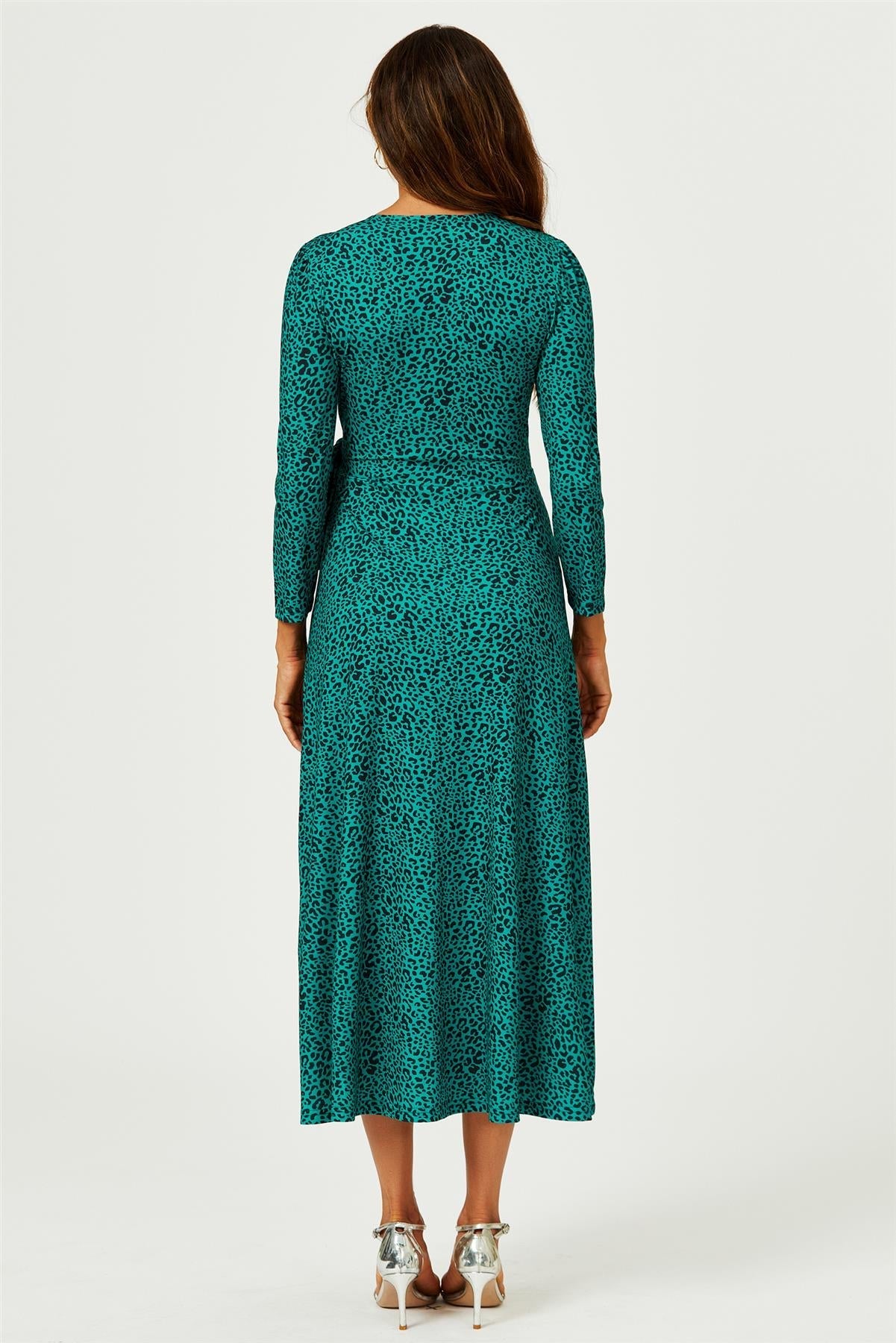 Green Leopard Print Wrap Top Midaxi Dress