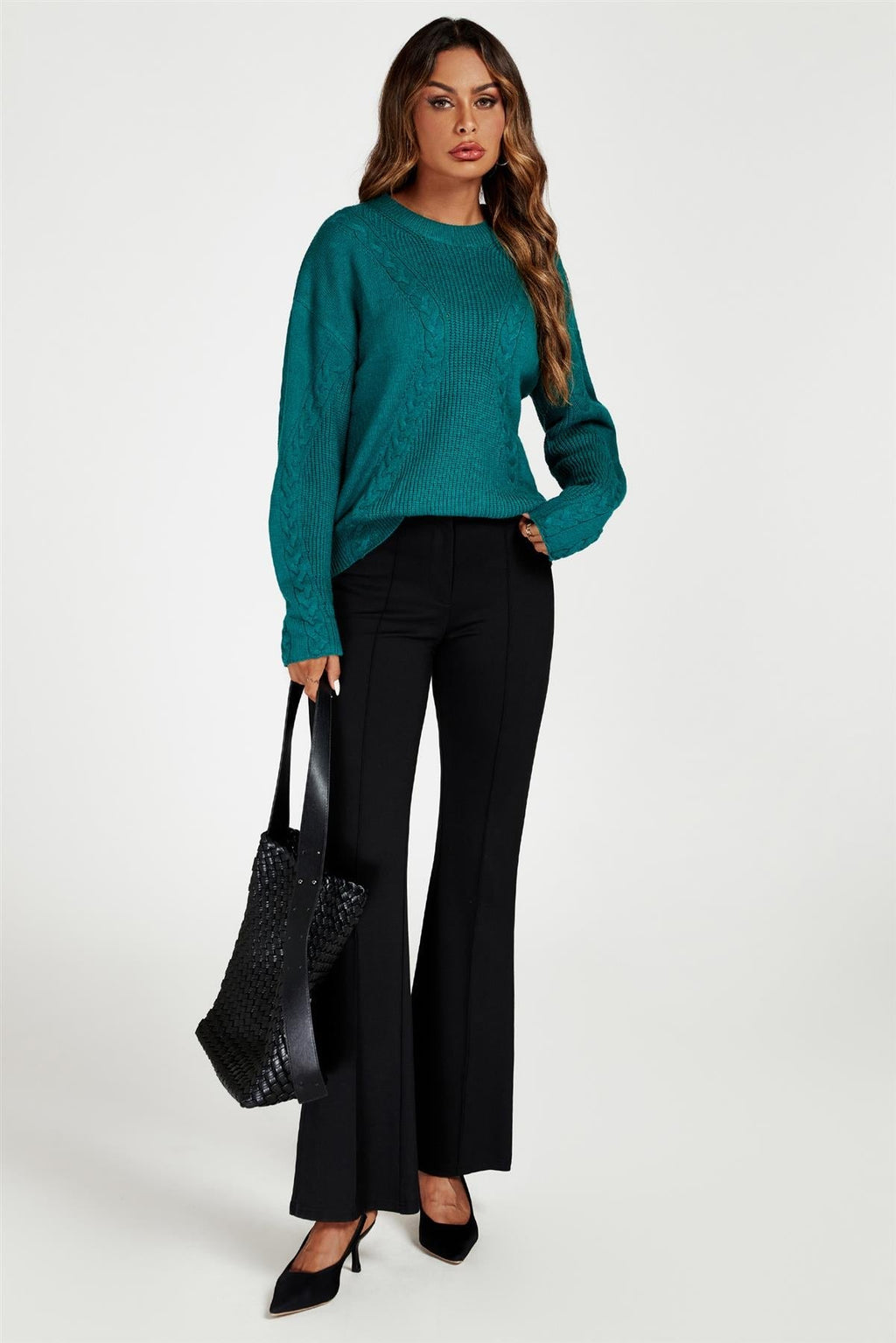 Cable Knit Crew Neck Jumper In Dark Green