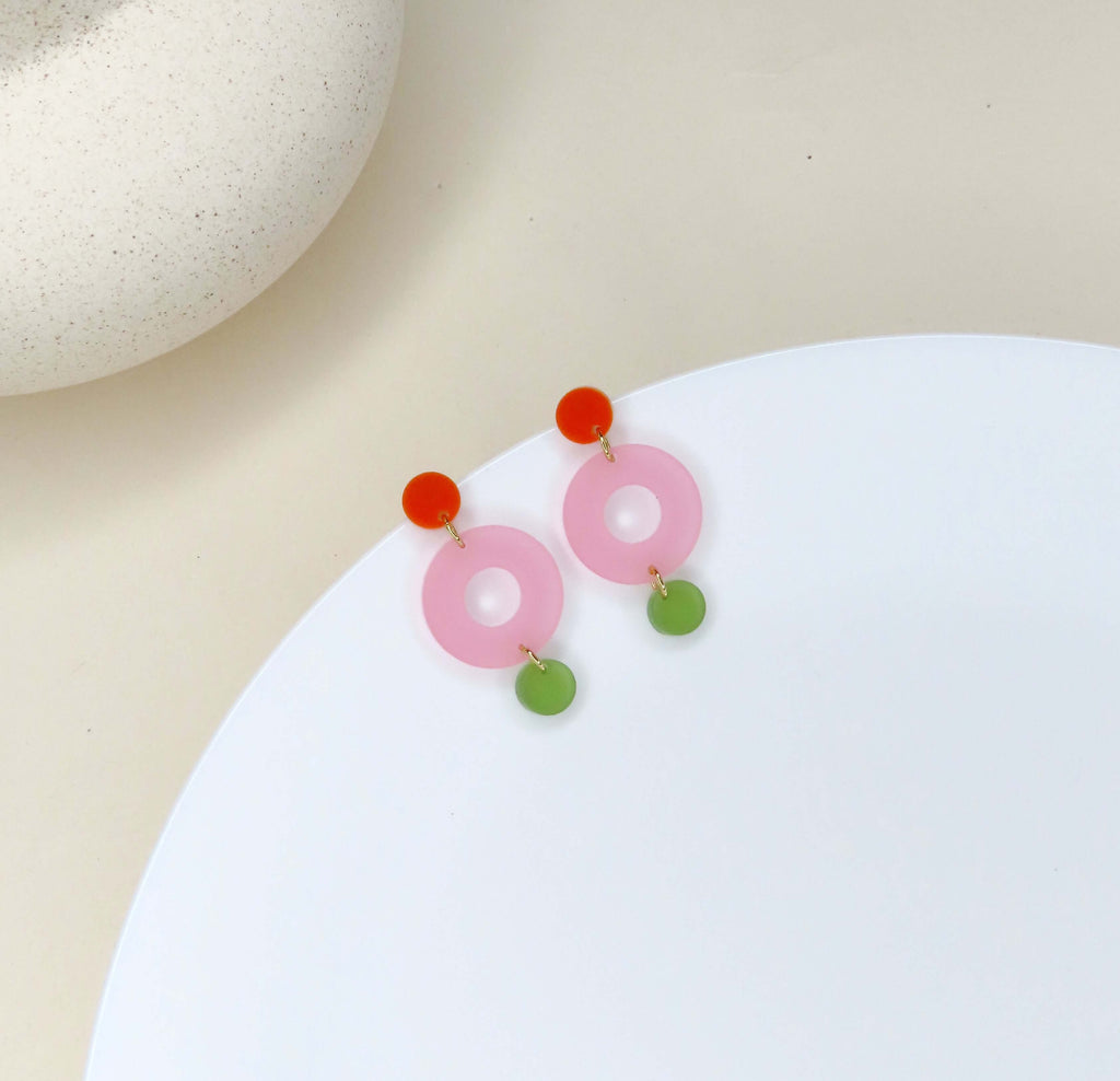 Colorblock Double Circle Ohrstecker in orange, eisrosa und olive transparent