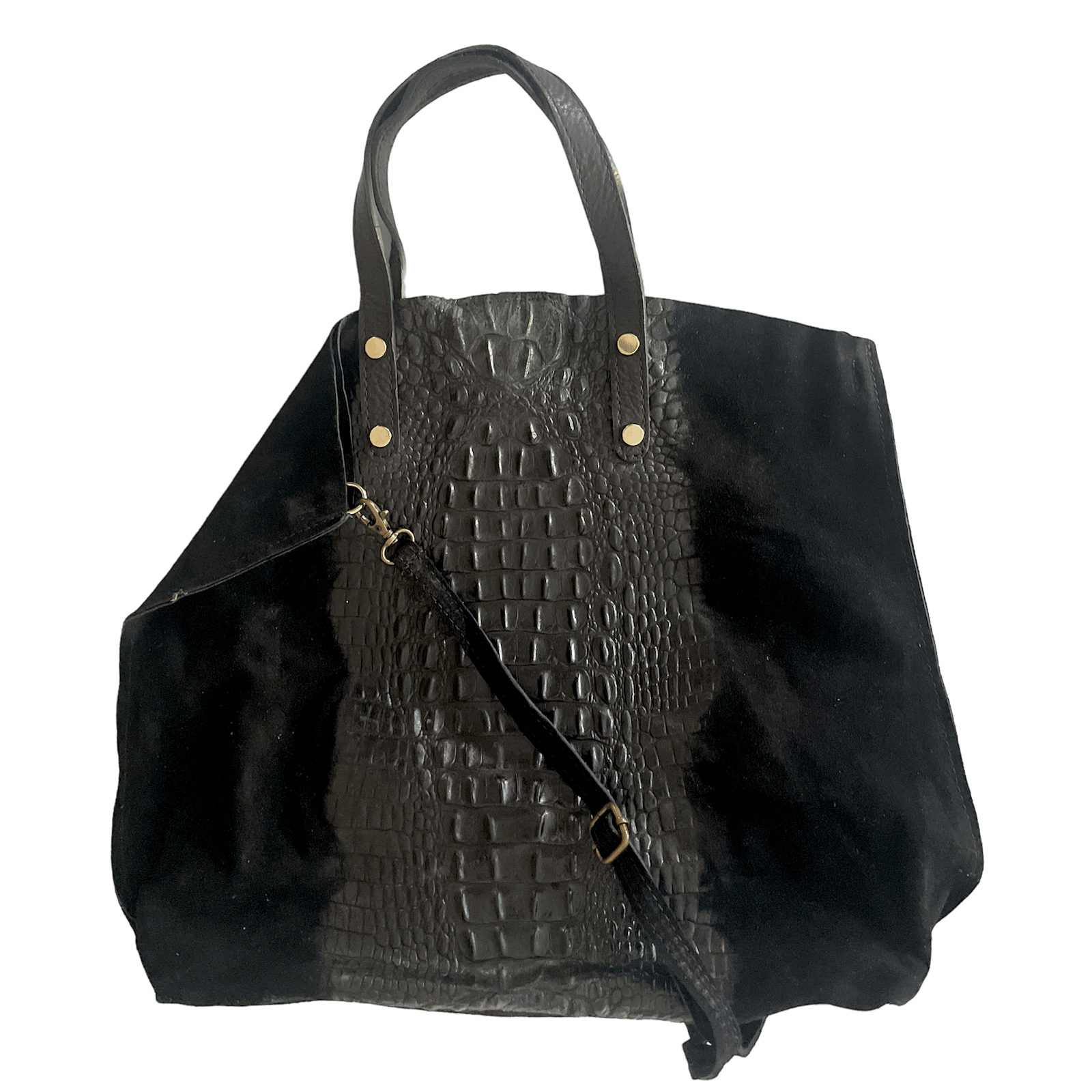Leder Beutel Tasche Krokooptik Veloursleder Schwarz