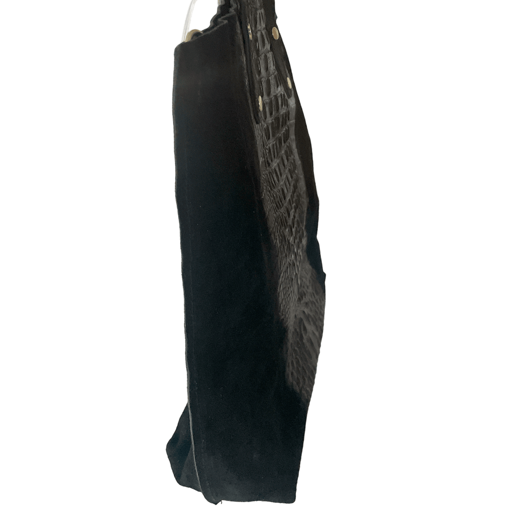 Leder Beutel Tasche Krokooptik Veloursleder Schwarz
