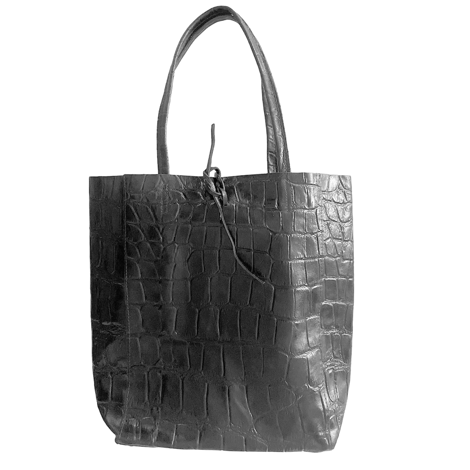 Leder Shopper mit Innentasche Kroko Schwarz