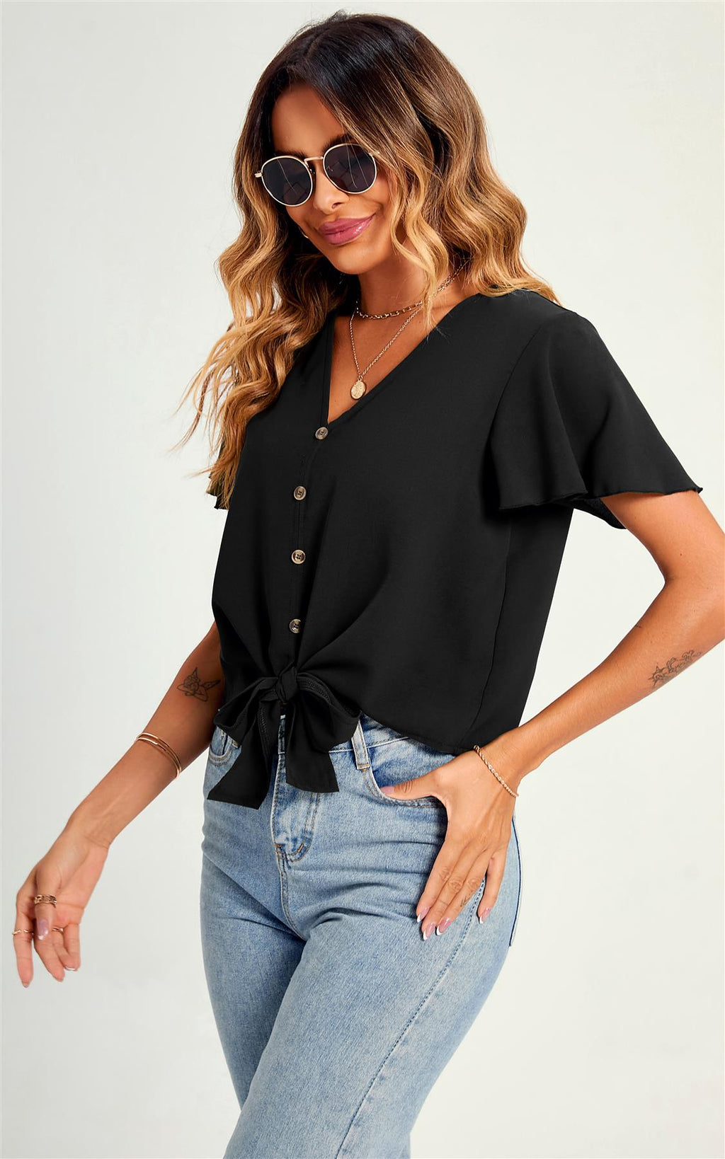 Cute Tie Knot Front Buttoned Crop T Shirt Top In Black