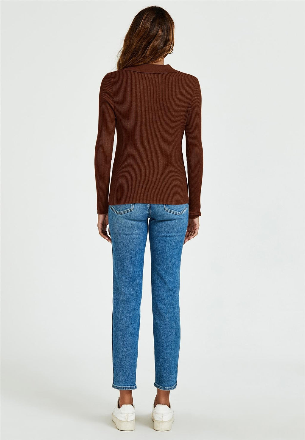 Morgan collar Double Breasted Knit Top In Brown