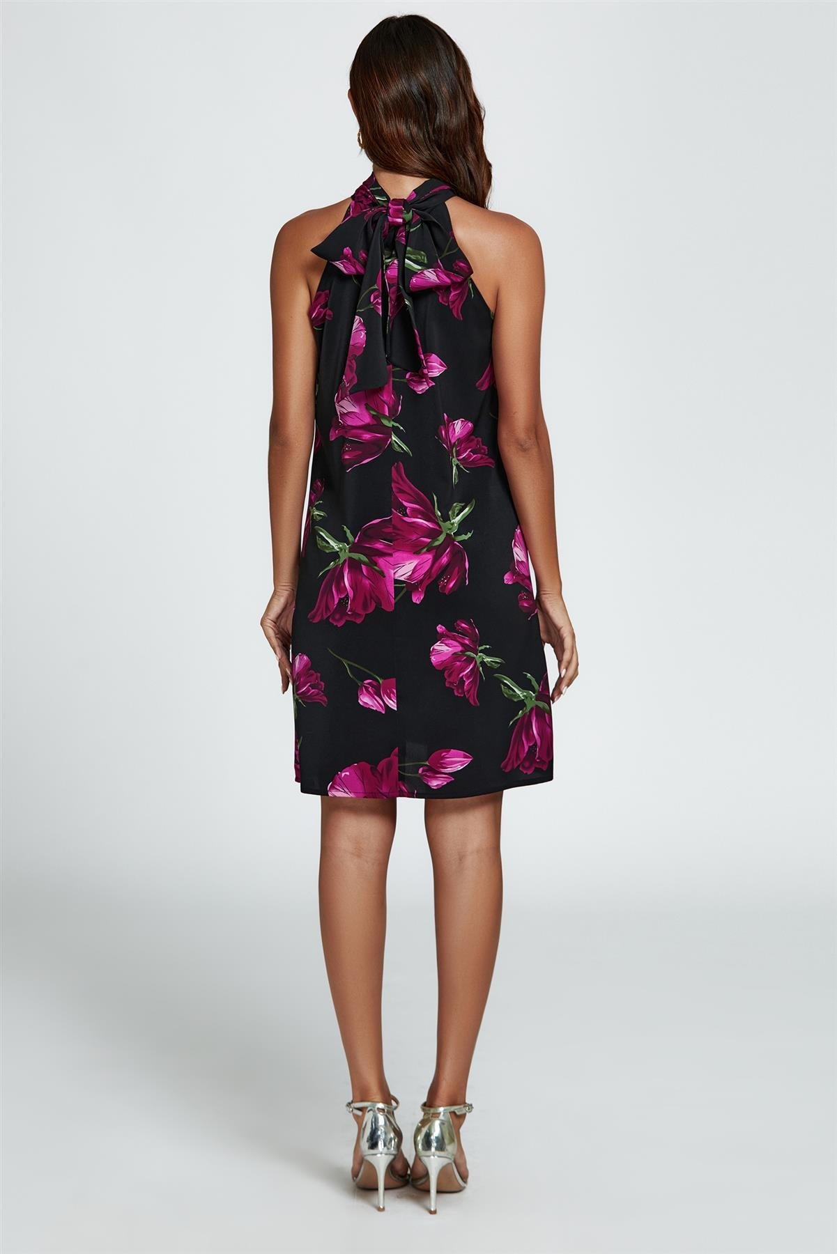 Floral Print Halter Neck Tie Back Mini Dress In Black