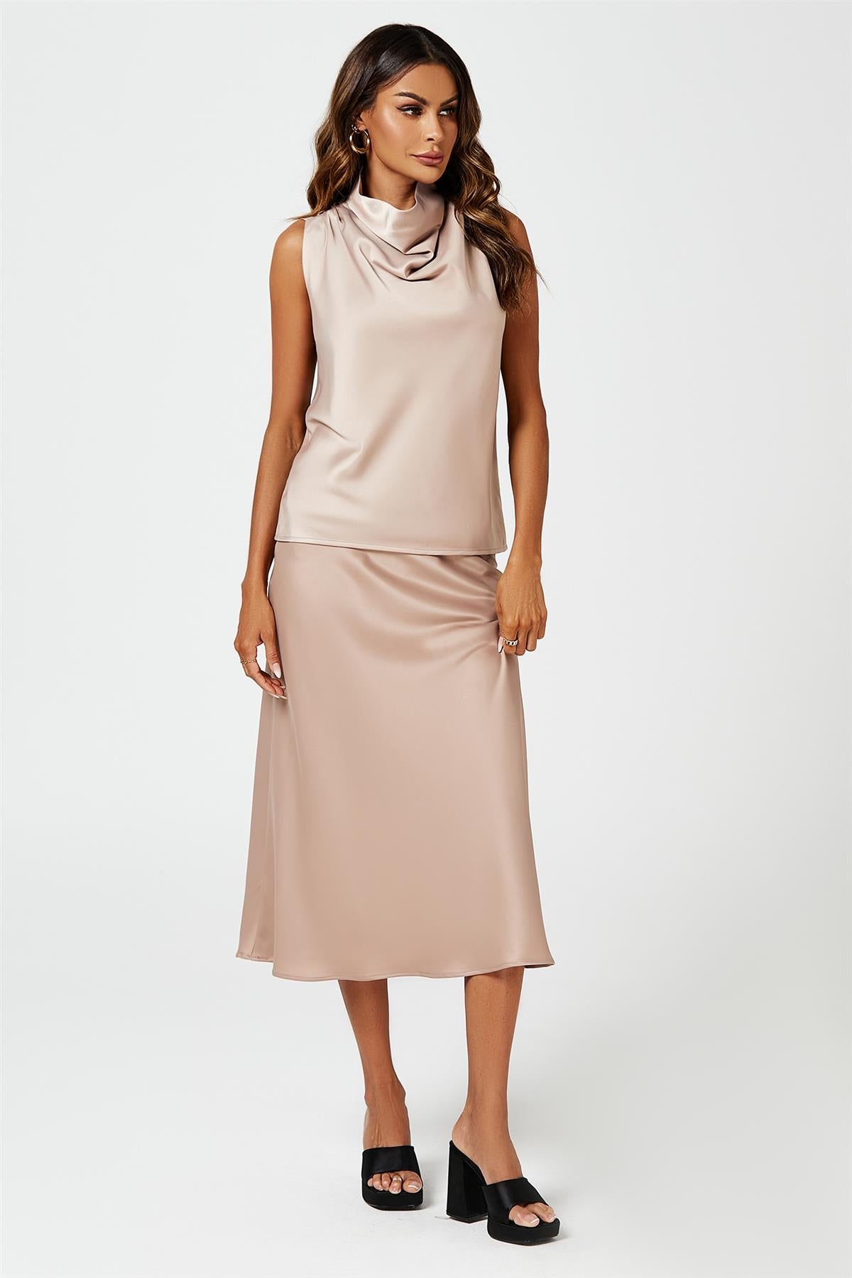 Satin High Neck Sleeveless Blouse In Light Brown