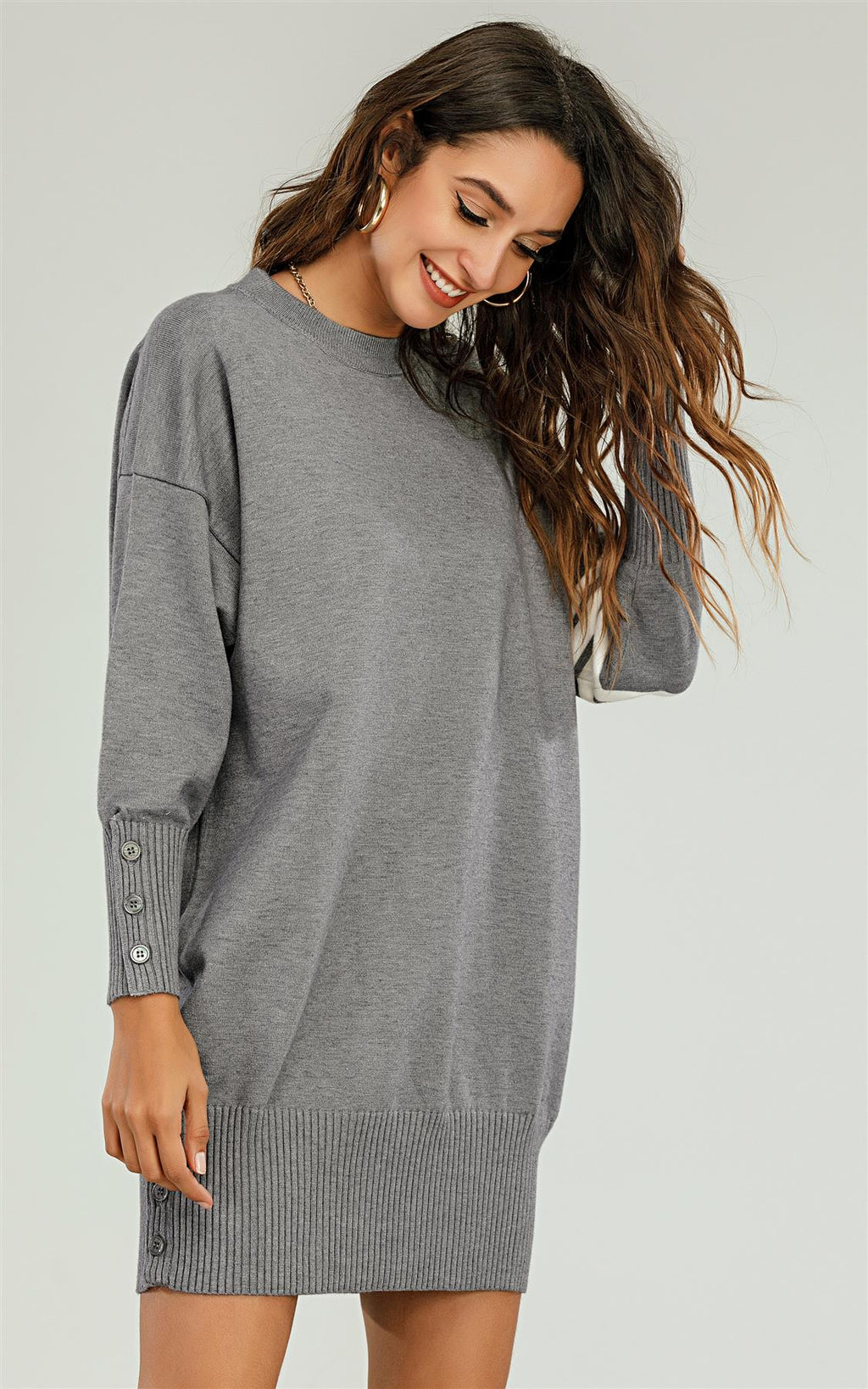 Knitted Tunic Jumper Dress With White Stripe In Grey