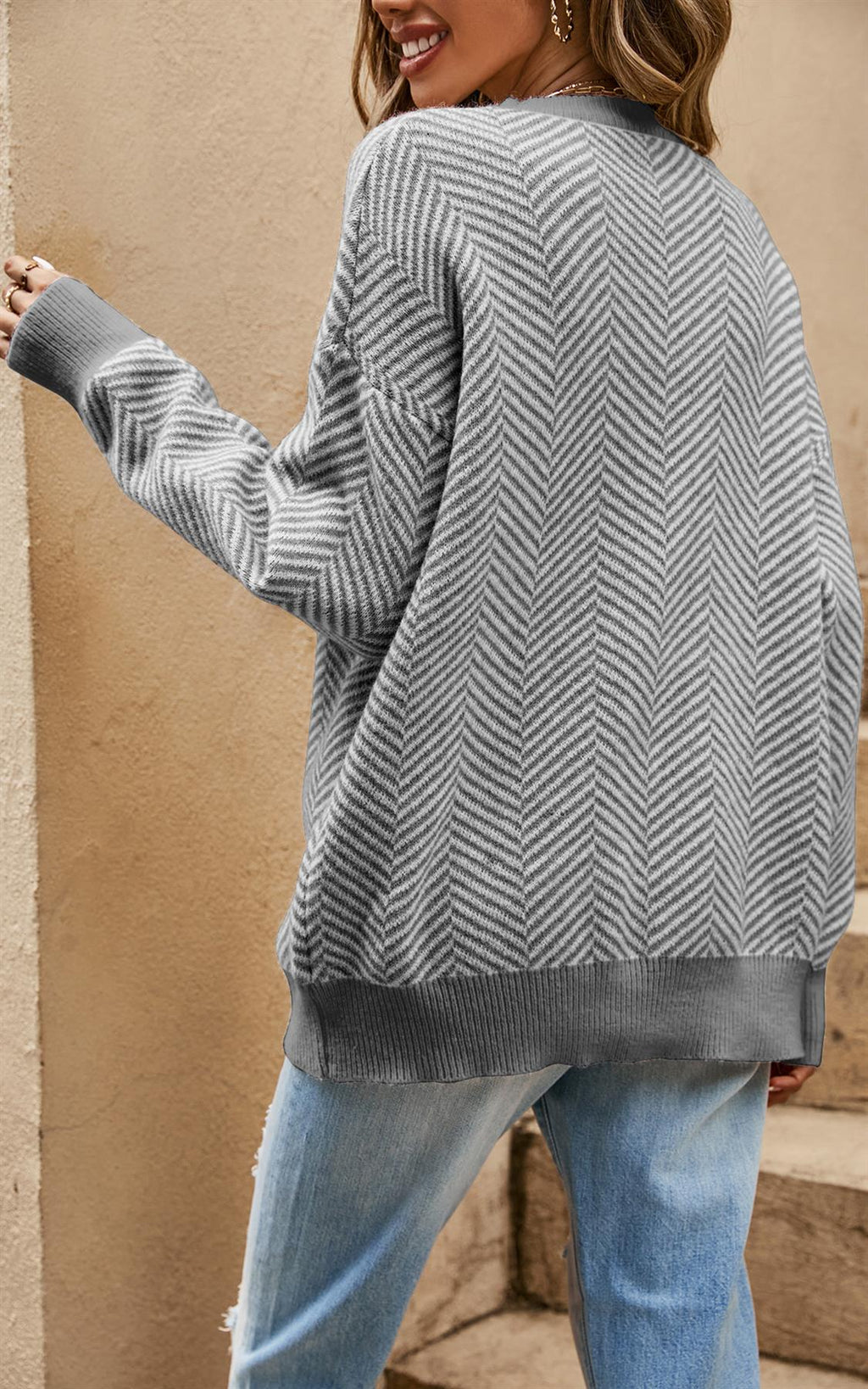 Chic Geometric Intarsia Knit Jumper Top In Grey