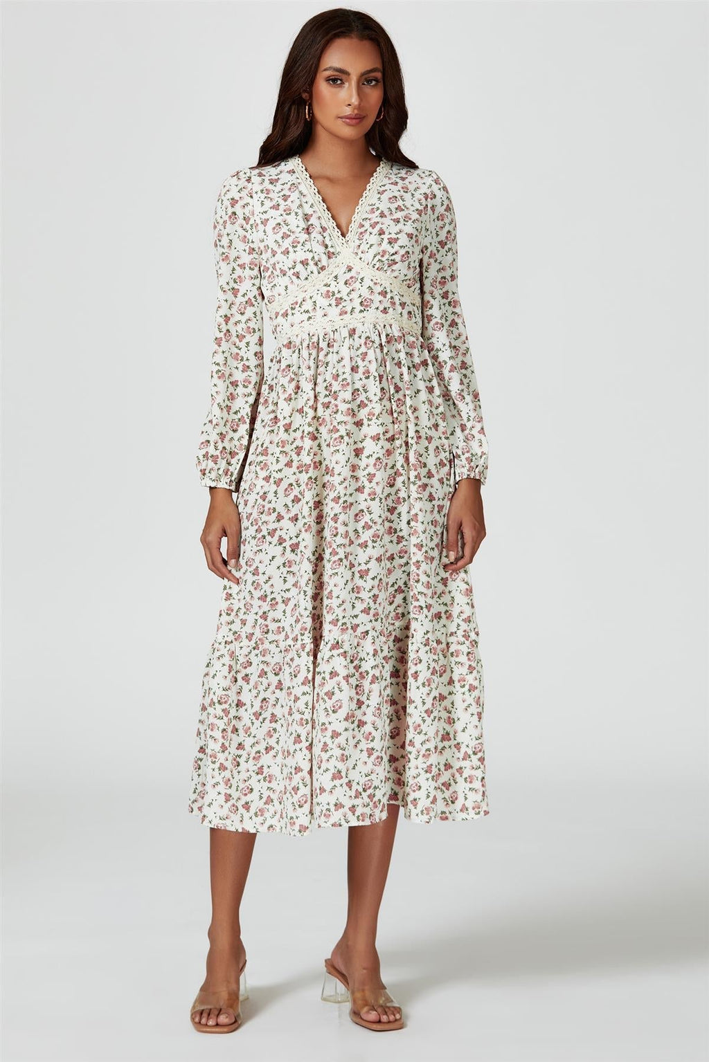 Floral Print Long Sleeve Midi Dress In White